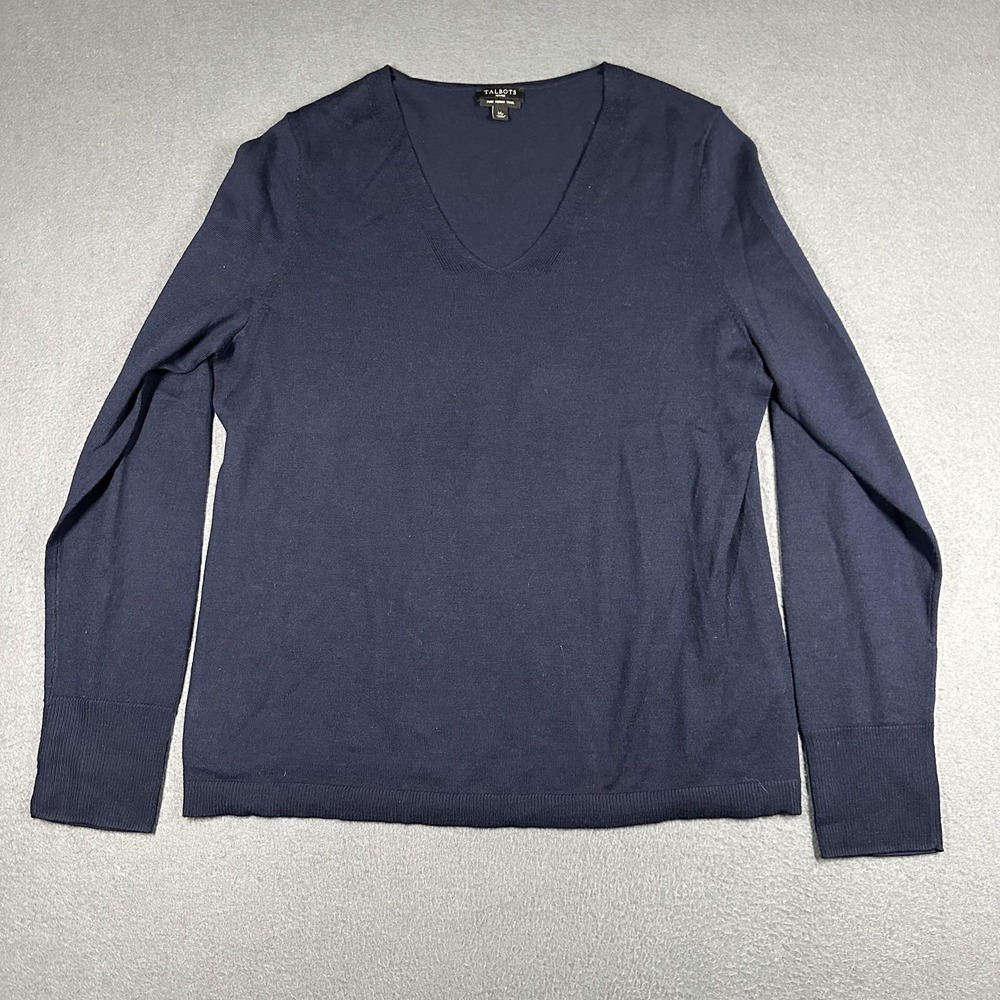 Talbots Sweater Womens Medium Petite Blue 100% Merino Wool V Neck Pullover
